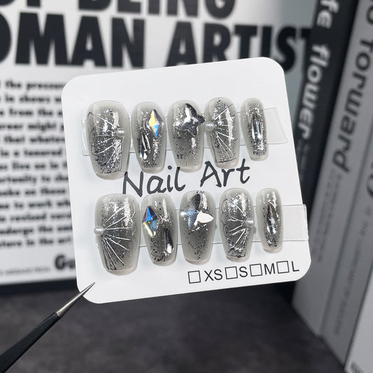 Pure Handmade press on nails black gills flash metal hand-painted butterfly short nail patch  sticker｜365nails