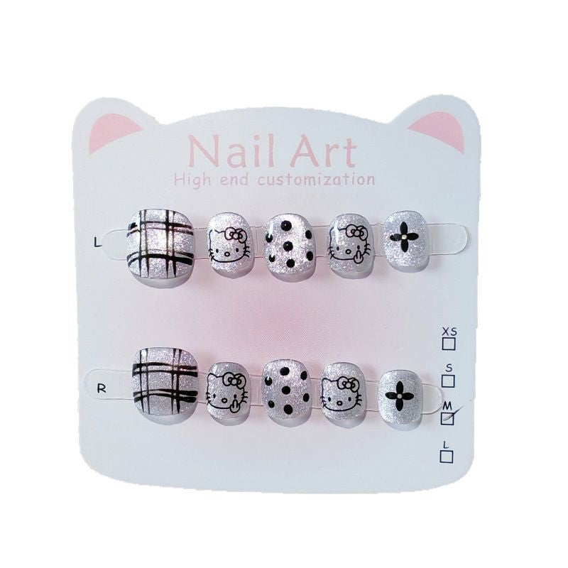 365nails: "silver shimmer kitty" – short round handmade kids press-on nails