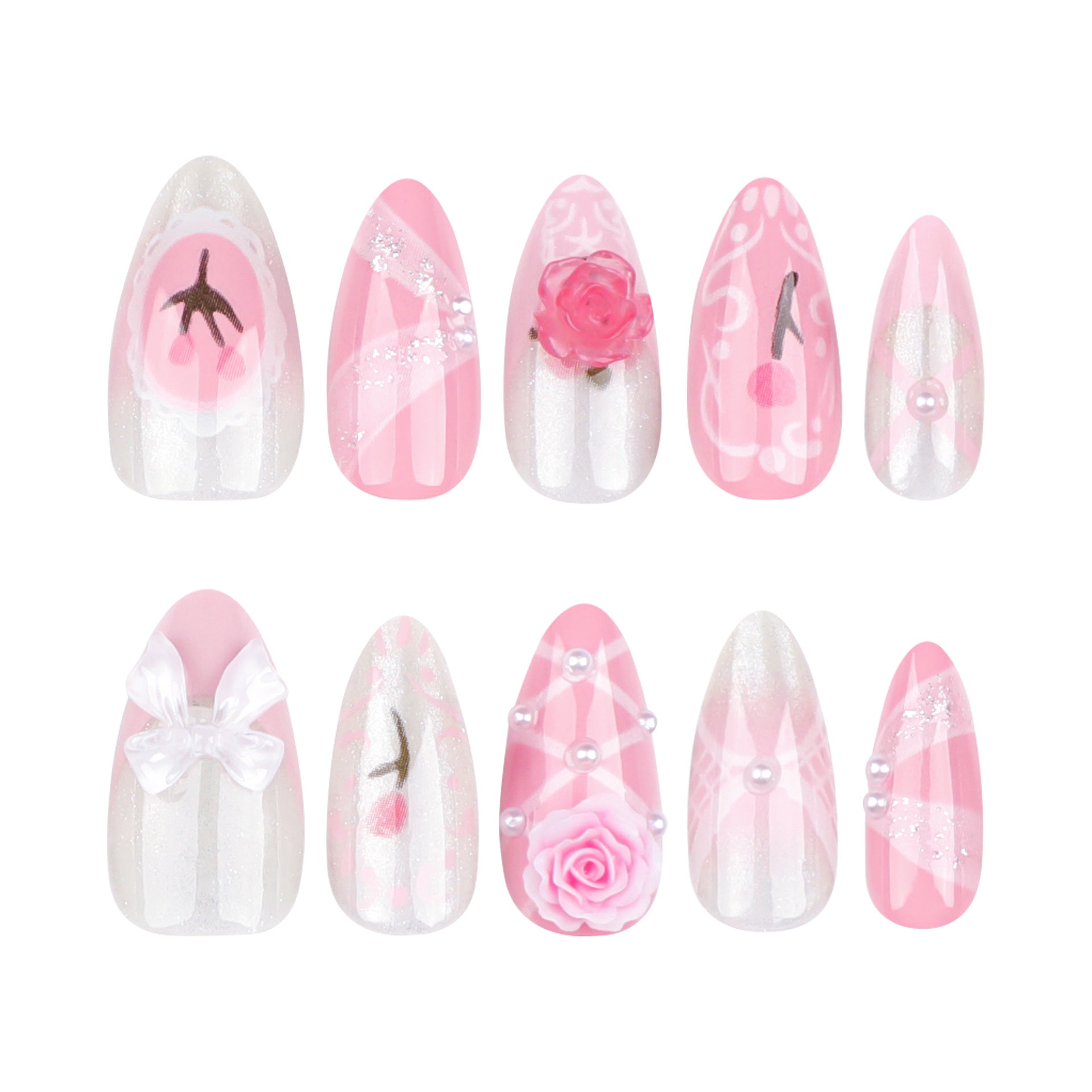 Pó de manicure francesa fofa para meninas, flores tridimensionais, unhas postiças com fita de tulipa, produto acabado, atacado ｜ 365nails