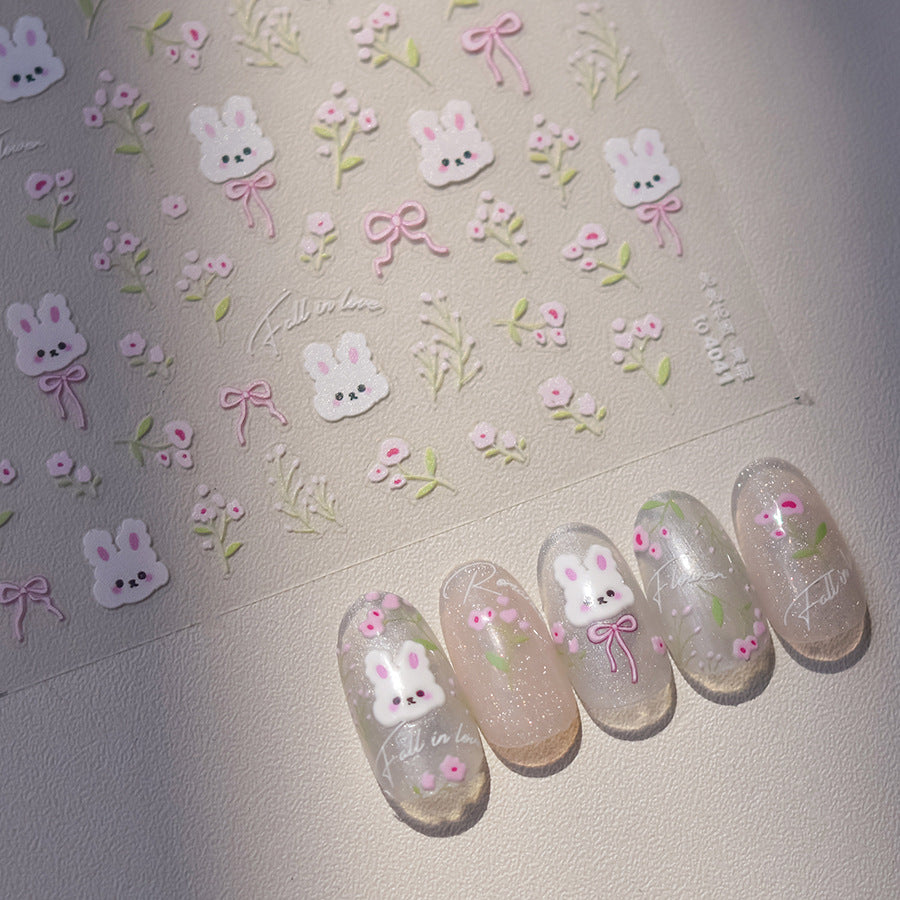 365nails: 핑크 리본 플로럴 토끼 – 네일 아트 스티커