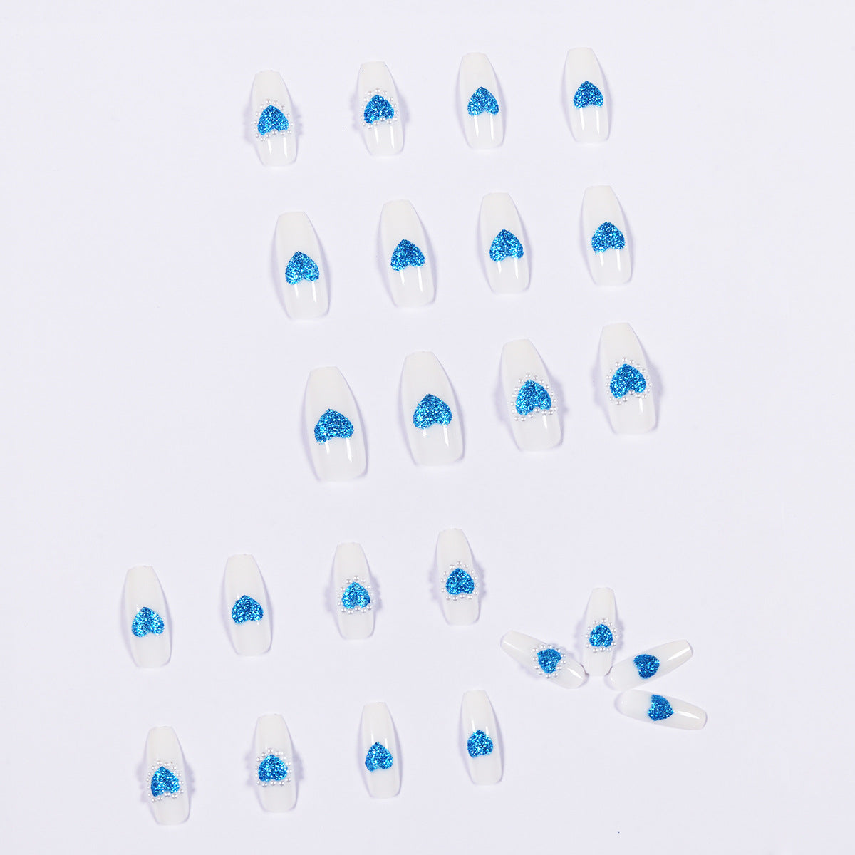 Glitter Blue Heart Full of Pearls Wear Nail Art Finished Fake Nail Nail Art Patch Nail Patch Removable Nail Patch｜365nails