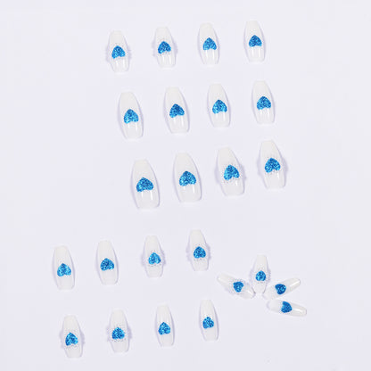 Glitter Blue Heart Full of Pearls Wear Nail Art Finished Fake Nail Nail Art Patch Nail Patch Removable Nail Patch｜365nails