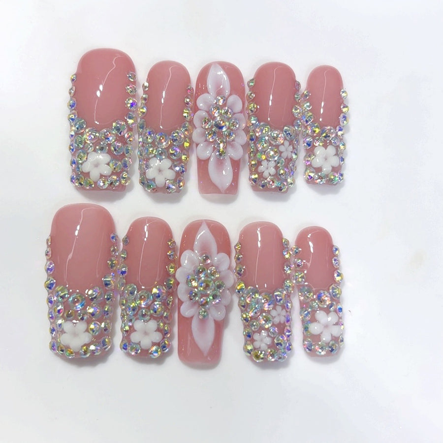 Crystal Floral Luxury: "Rhinestone & Flower" – Square Press-On Nails