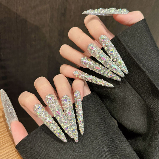 extra long pure handmade nails bursts full of diamonds, light luxury nail art, fake nails, and advanced nail wear | 365nails