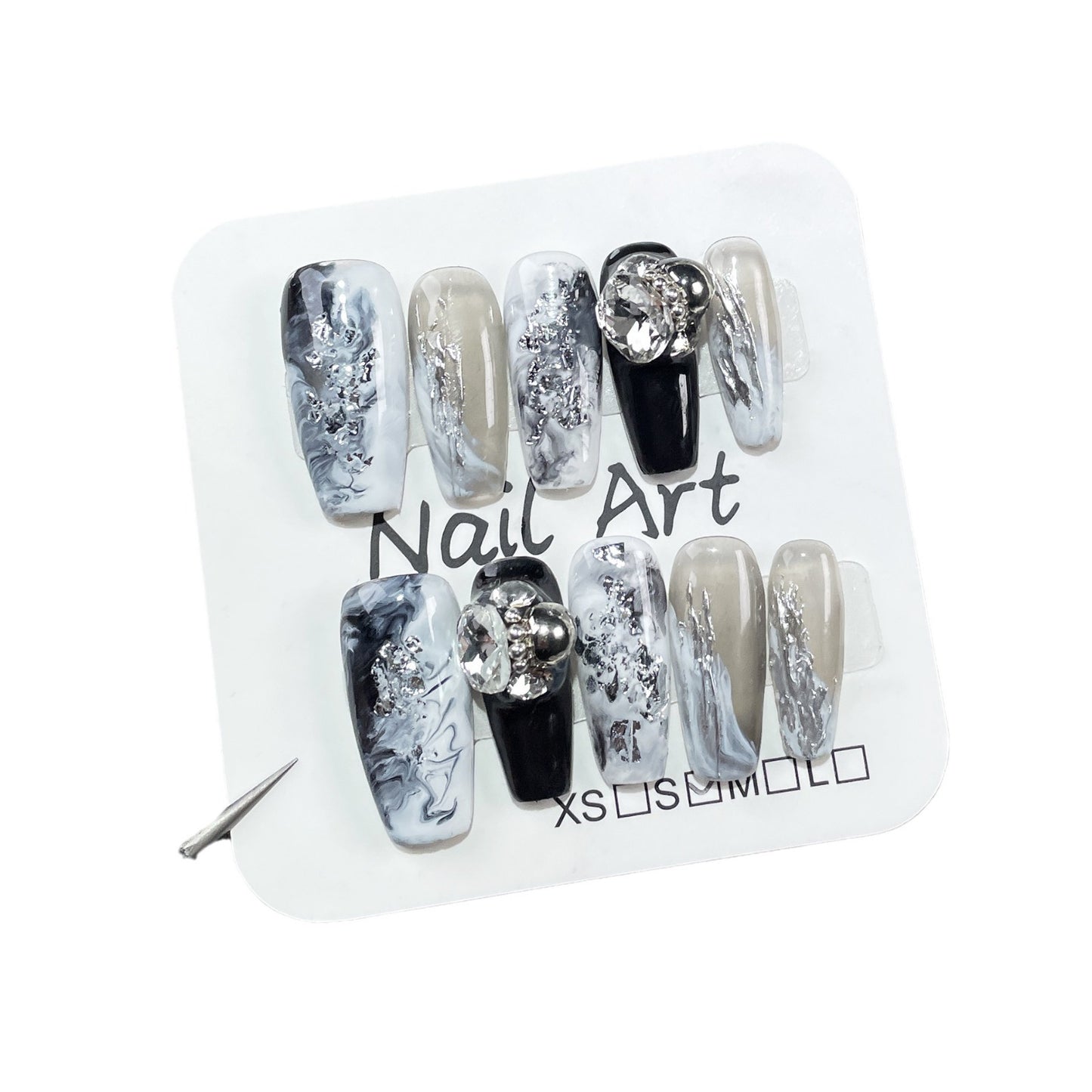 Handmade press on nails gray and white smudging temperament light luxury nail patch stack drill medium and long  sticker wholesale｜365nails