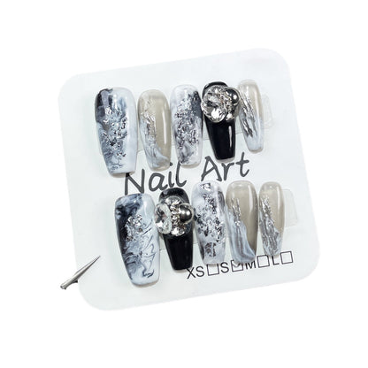 Handmade press on nails gray and white smudging temperament light luxury nail patch stack drill medium and long  sticker wholesale｜365nails
