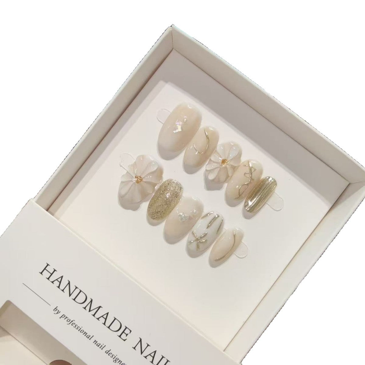 365nails: "Ivory Garden" – 3D Floral Handmade Short Almond Nails