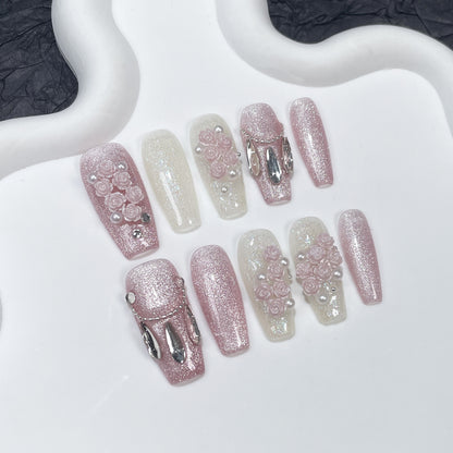 Adesivo de unha artesanal leve e luxuoso, estilo olho de gato, tridimensional, Rose Manor, médio e longo, feito à mão, para unhas postiças｜365nails