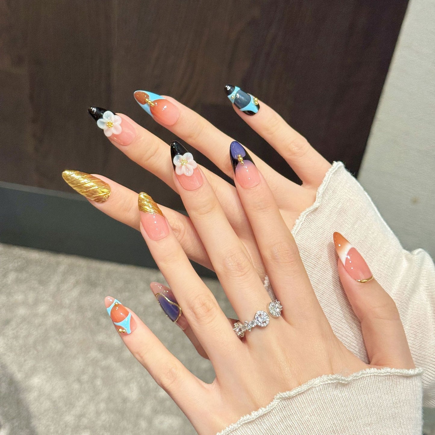 Peach Floral Geo Gold Art Nails