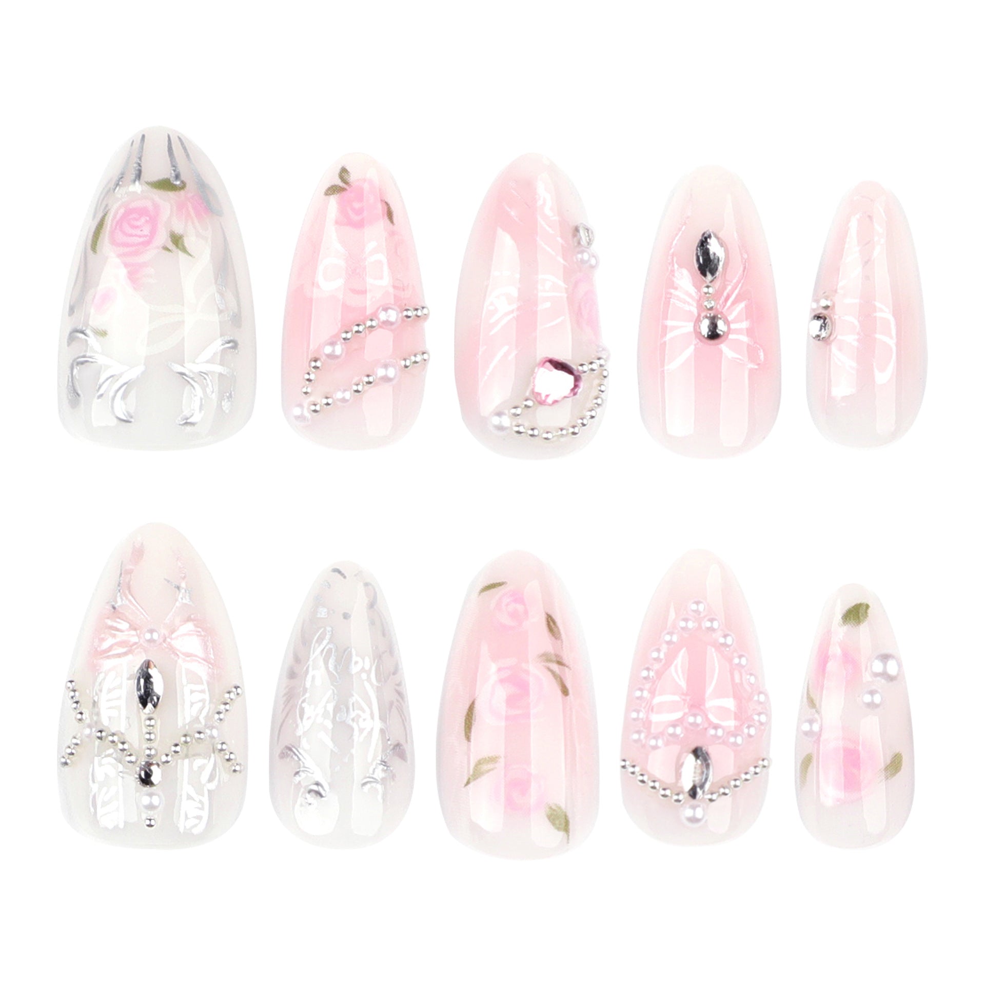 Sweet pink rose blush bow removable press-on nails