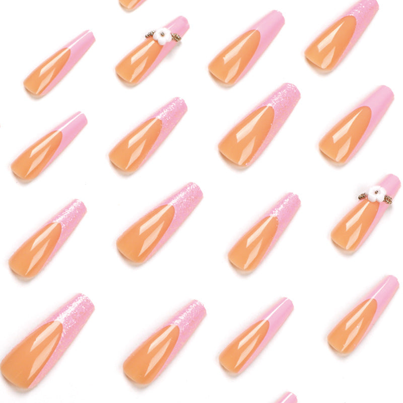 Wholesale of finished nail pads Wearing armor, French pink glitter, small flowers and small gold beads, nail pads with fake nails｜365nails