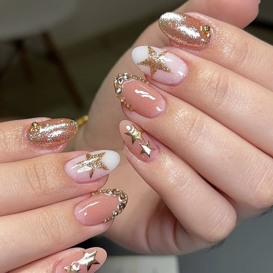 365nails: "Bronze Star Ombre Almond" – Rhinestone Chain Press-on Nails