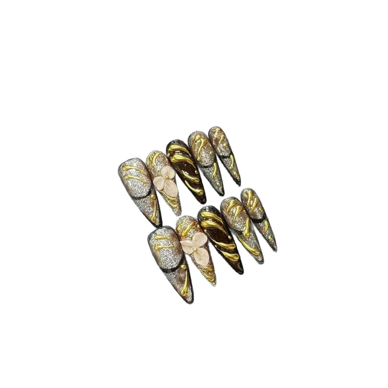 365nails: "황금 교향곡" – 3D 골드 마블 수제 스틸레토형 네일