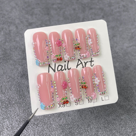 Manicure quadrada, doce e pura, gelada e longa, unhas postiças, unhas postiças com acabamento artesanal puro｜365nails