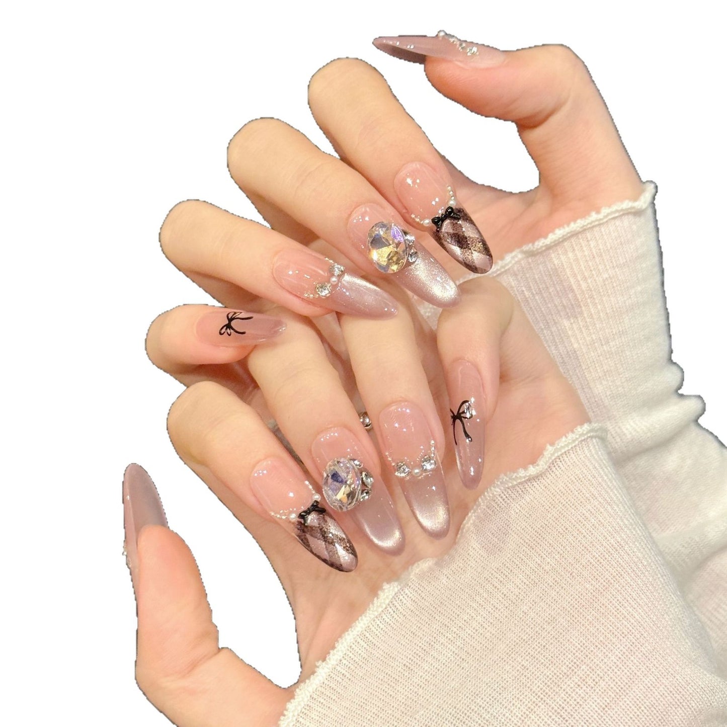 Pink Plaid Ribbon Crystal Princess Nails