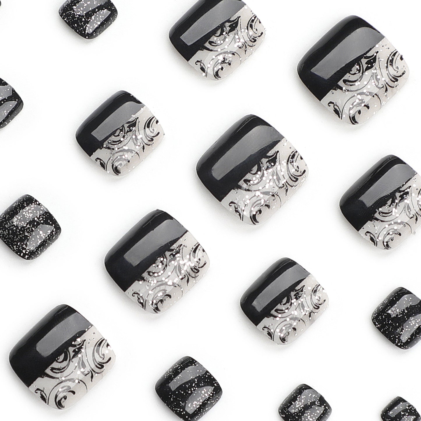 Simple solid color foot nail patch wholesale pattern classic black splicing nail glitter short ｜365nails