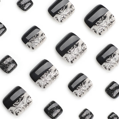 Simple solid color foot nail patch wholesale pattern classic black splicing nail glitter short ｜365nails