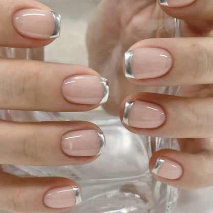 Simple silver French short square press-on nails