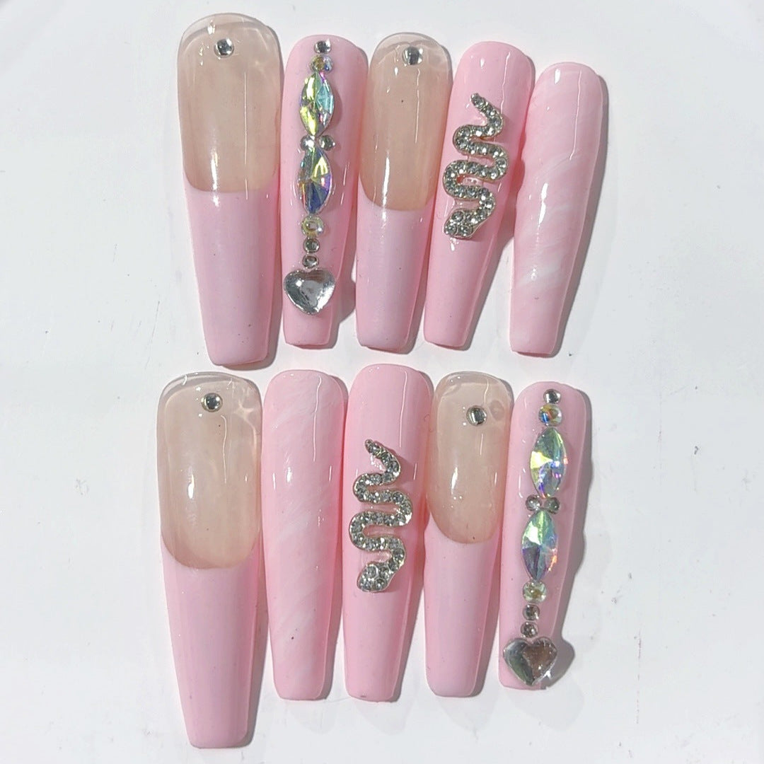 Soft Pink Snake Crystal Extra Long Coffin Press On Nails