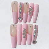 Soft Pink Snake Crystal Extra Long Coffin Press On Nails