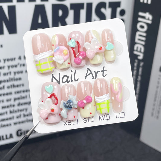 Sweet and cute handmade press-on nails medium and long square pure desire ice through hand-painted nail patch wearable fake nail wholesale｜365nails