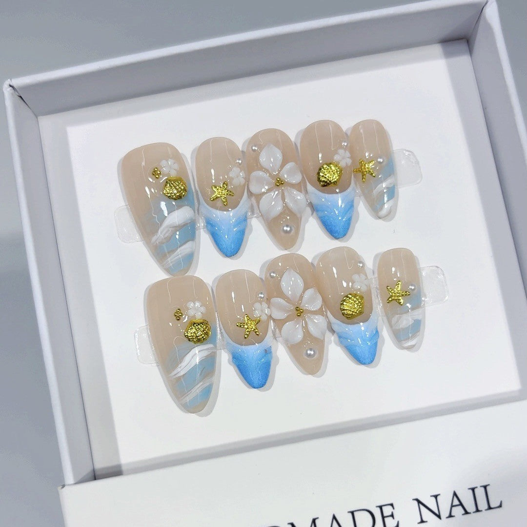 Coastal Breeze: "Seashell Bloom" – Medium Almond Handmade Press On Nails