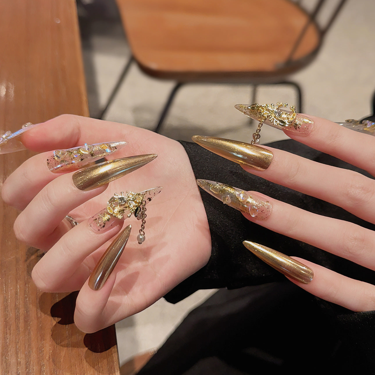 365nails: "Golden Cascade" – 3D Rhinestone & Chrome Handmade Stiletto Nails