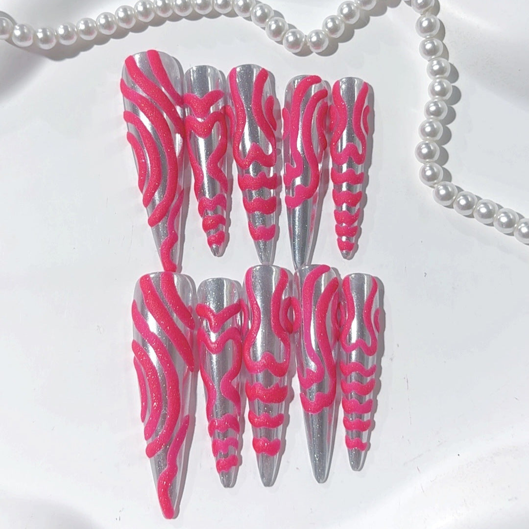Hot Pink Metallic Wave Statement Press On Nails