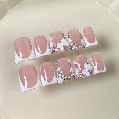 Unhas postiças artesanais com estampa de bico de pato e laço doce francês, unhas postiças de pressão feitas à mão, atacado de fábrica, 365 unhas