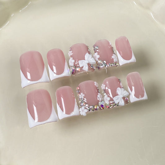 Unhas postiças artesanais com estampa de bico de pato e laço doce francês, unhas postiças de pressão feitas à mão, atacado de fábrica, 365 unhas