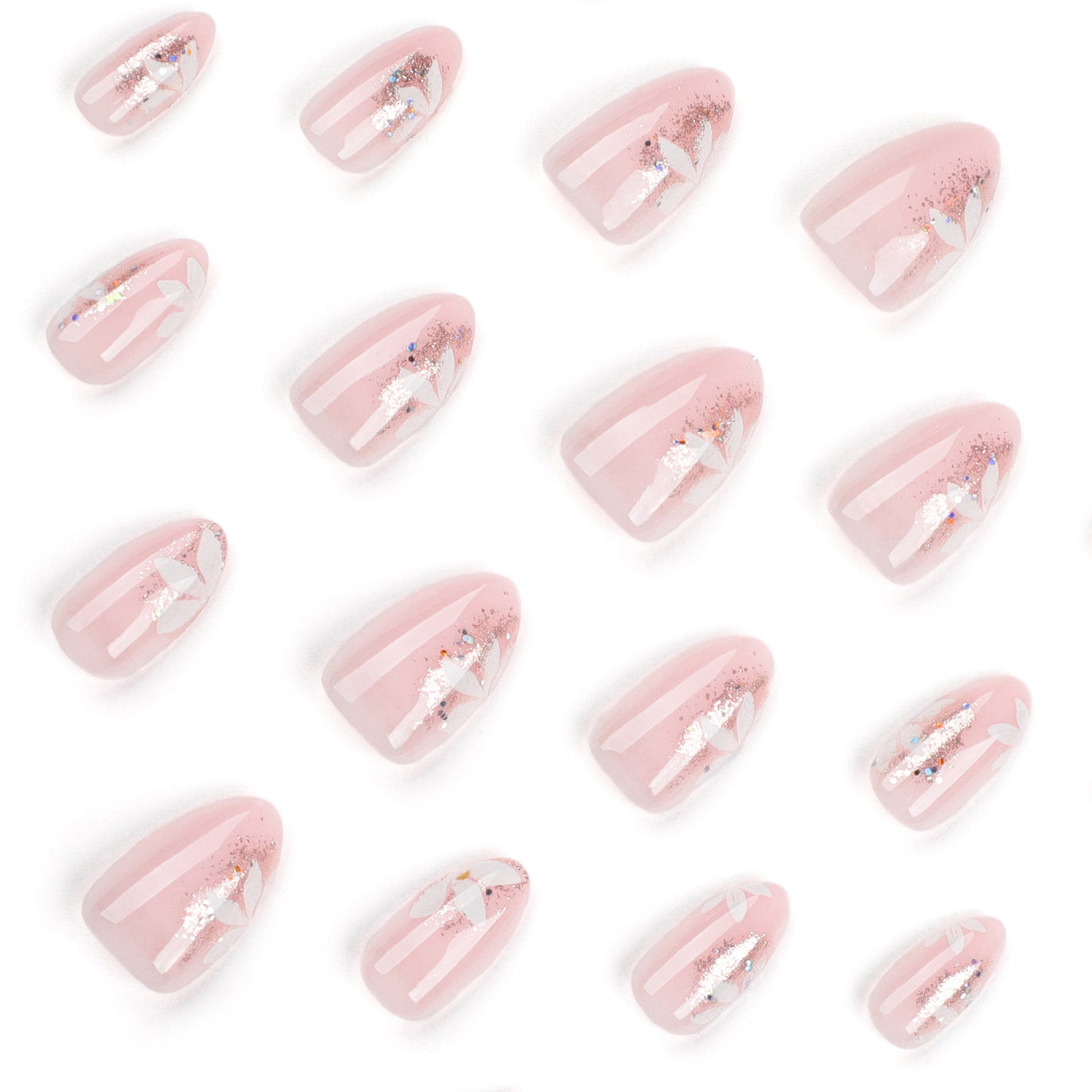 Unhas curtas de pressão com glitter em formato de flor de vento rosa simples ｜365nails