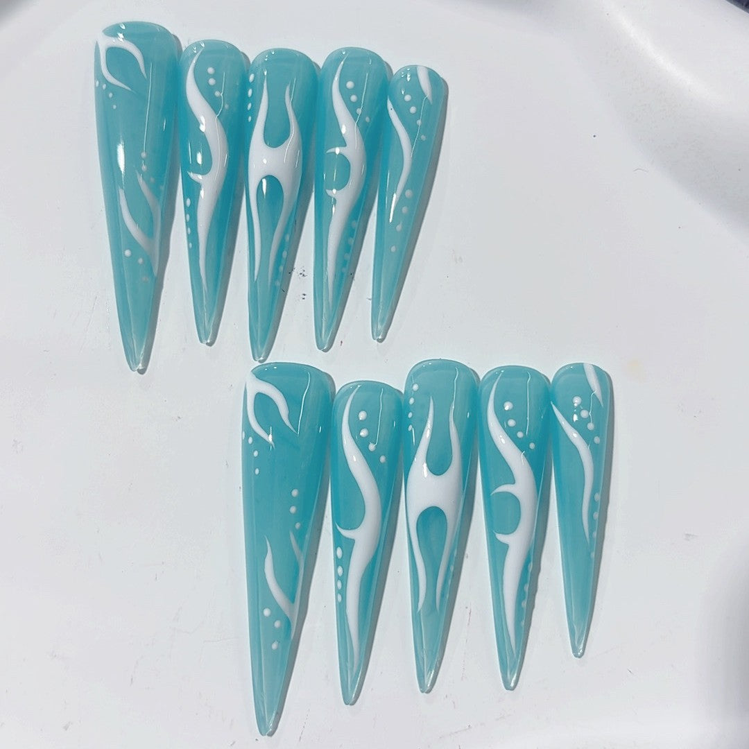 Aqua Flame Y2K Glossy Press On Nail Set