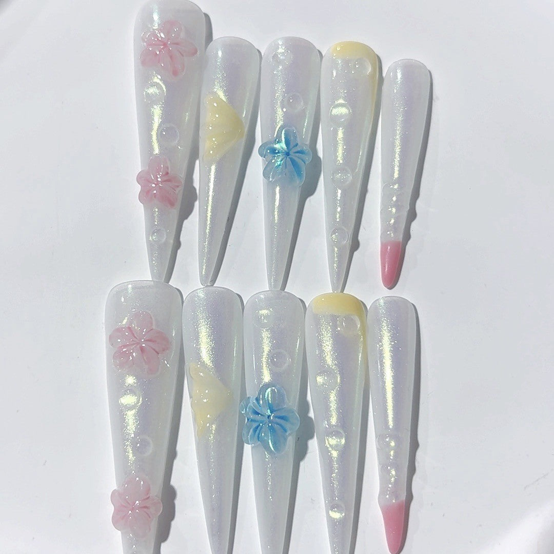 Iridescent 3D Floral Extra Long Press On Nails