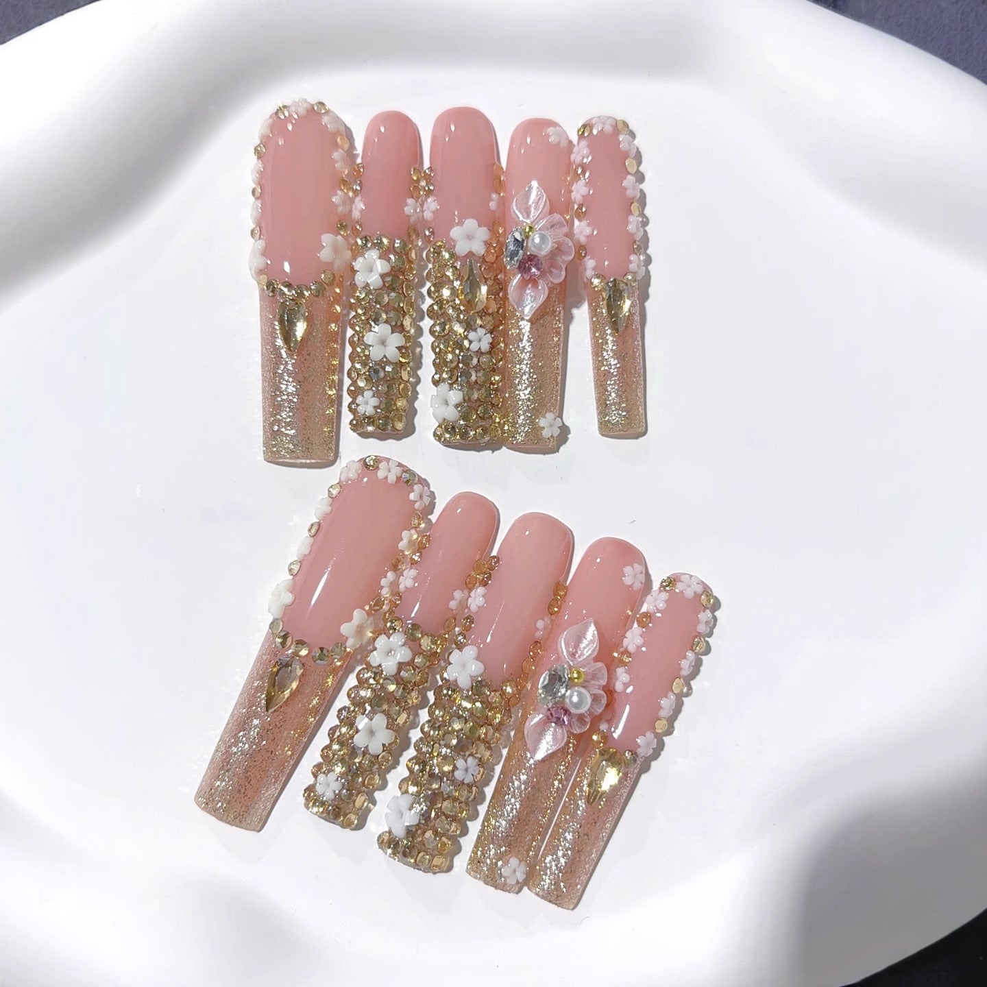 Blush Gold Floral Crystal Luxury Press On Nails