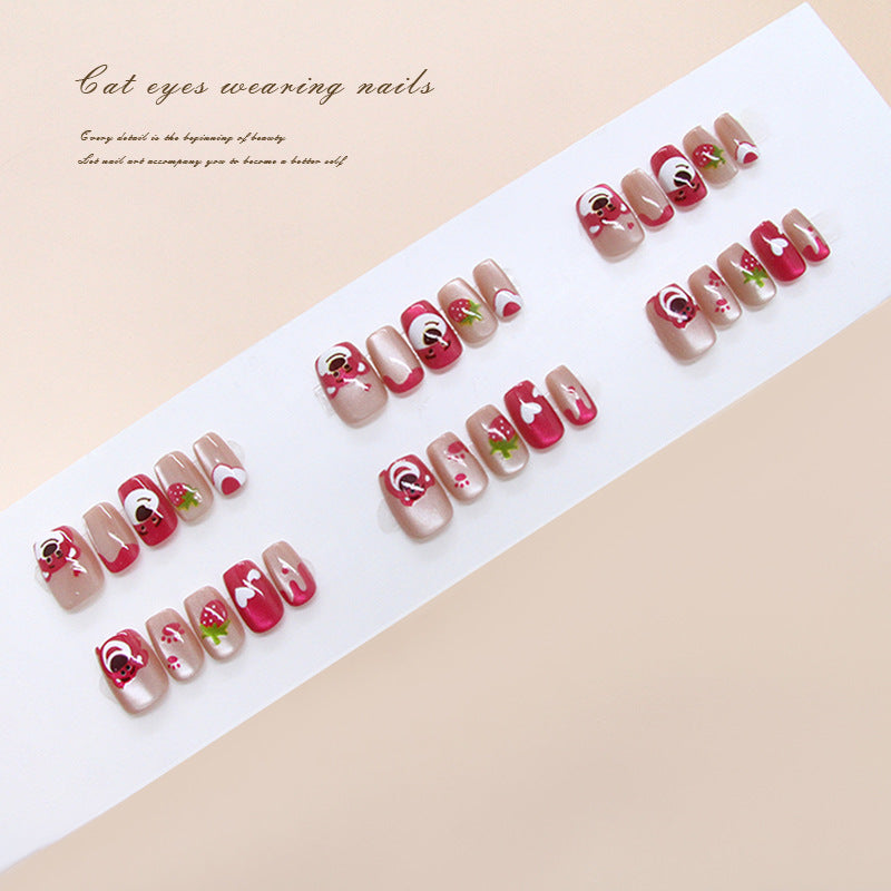 Puntas de uñas prefabricadas, diseño divertido de gato, fresa, oso, amor, niña, versátiles, 30 piezas | 365nails