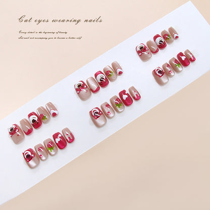 Puntas de uñas prefabricadas, diseño divertido de gato, fresa, oso, amor, niña, versátiles, 30 piezas | 365nails