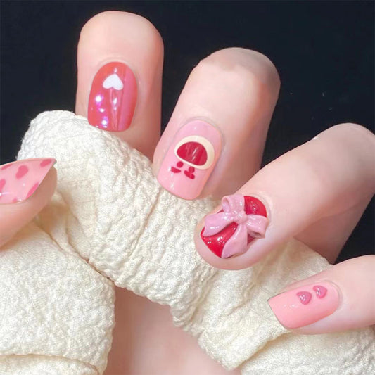 Cute Bear Peach Heart Bow Press on  Finished Fake Nail   Nail  Removable Nail ｜365nails