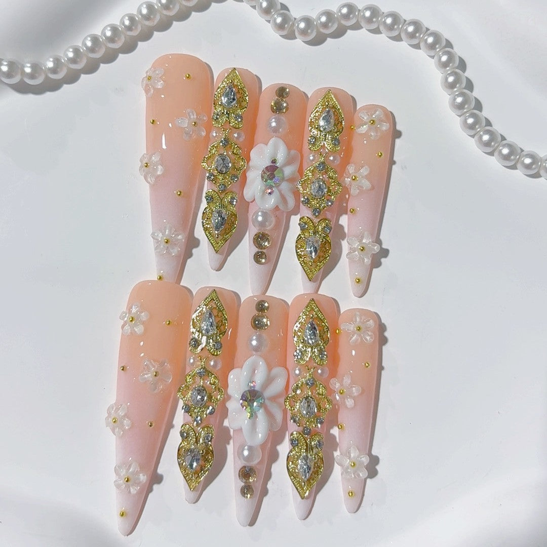 Blush Gold Floral Crystal Luxury Press On Nail Set