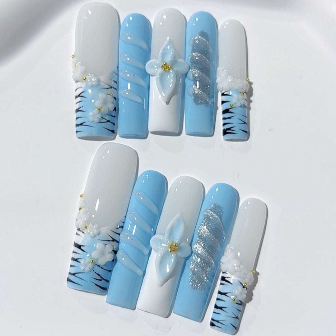 Blue Blossom Pearl Elegant Extra Long Press On Nails