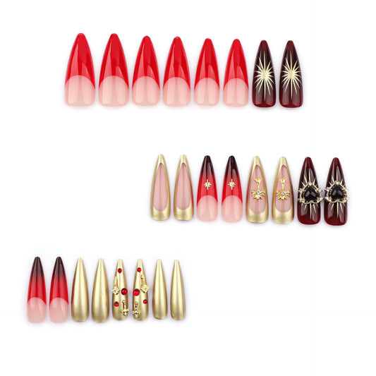 Autumn and winter Europe and the United States wear nail Croxin cross manicure fake nails French red gradual change flash nail wholesale｜365nails