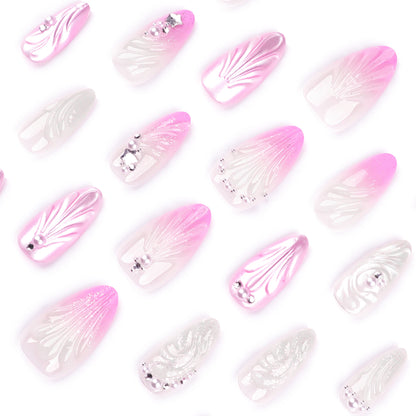 Uñas postizas con diseño de gotas de agua en forma de concha con cambio gradual en rosa 3D, punta de perla, manicura de diamante, uñas cortas de alta gama, venta al por mayor | 365nails