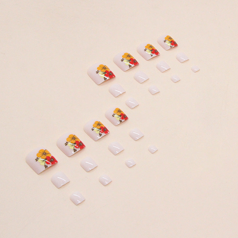 Rich flowers bloom colorful summer flowers orange white fake nails sweet removable Press-on toenails nail wholesale finished product｜365nails