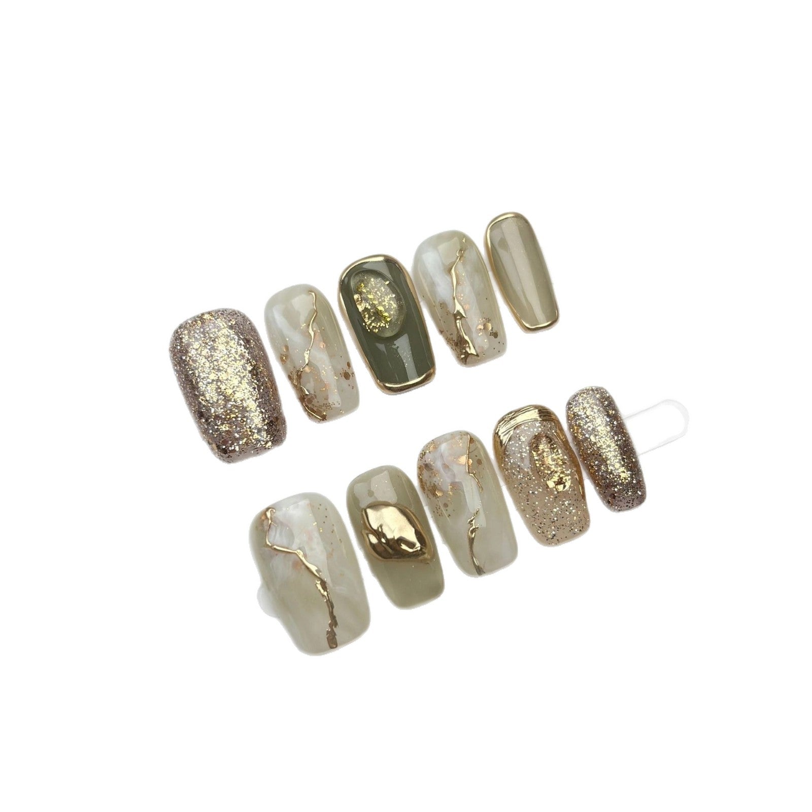 Siri Jade Mewah: "Olive Gold Vein" – Kuku Tekan Buatan Tangan Bentuk Square Sederhana