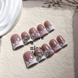 Pink French Floral Rhinestone Press On Nails