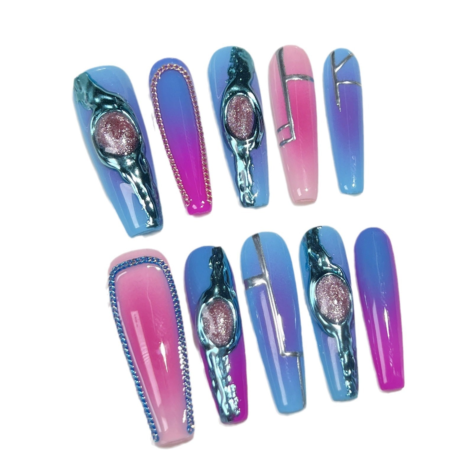 Handemade press on nails Grotesque Future Mechanical Wind Creative Hand Painted Sweet Cool Colorful Spice Girl Nail Art｜365nails