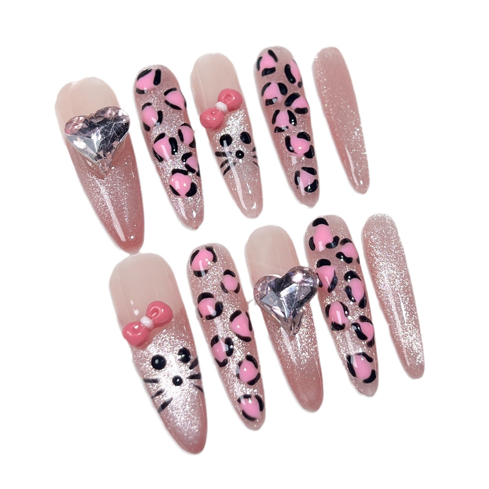 Uñas postizas hechas a mano con estampado de leopardo rosa, diseño de gato, dibujos animados, lazo para niña dulce | 365nails
