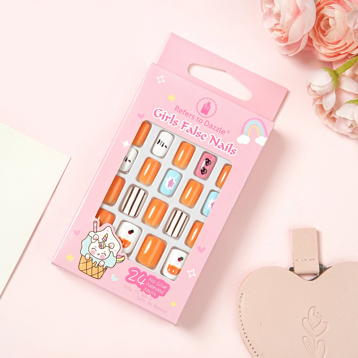 Kids press-on nails 24 short square manicure patches 3-12 years old