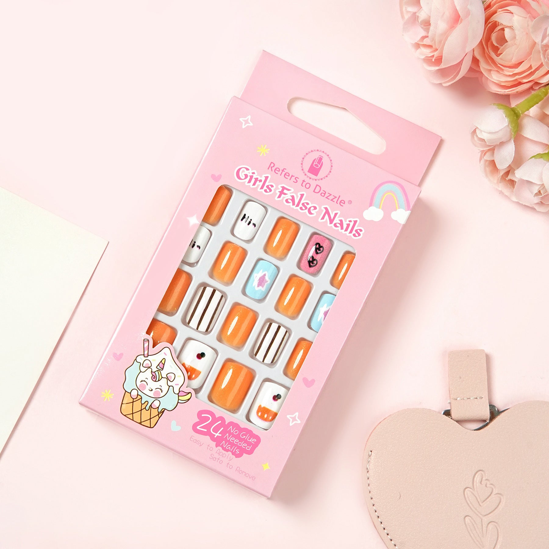 Kids press-on nails 24 short square manicure patches 3-12 years old