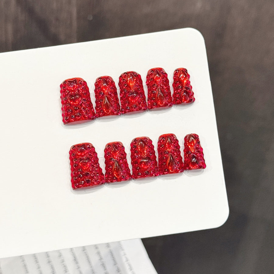 365nails: "Crimson Fire" – 3D Textured Red Glitter Handmade Coffin Nails
