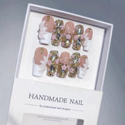 365nails: "Golden Sakura Bow" – Short Square Nude French 3D Flower Handmade Press-On Nails